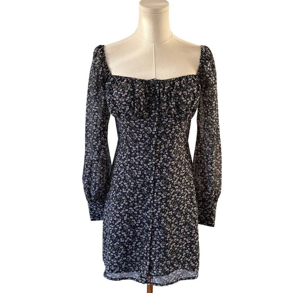 Lulus XS Black Floral Print Long Sleeve Mini Dress Square Neckline